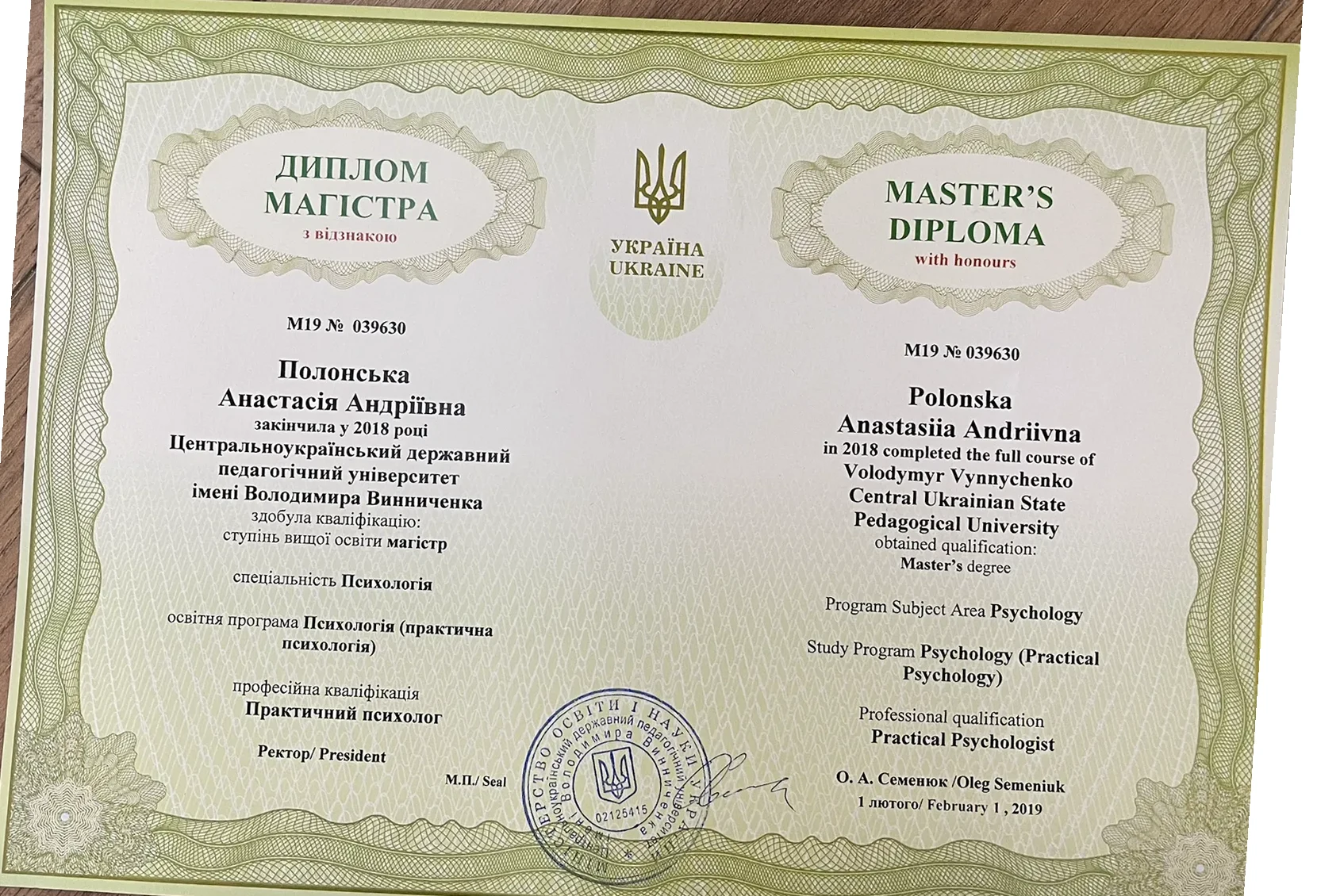 Диплом магістра психології (з відзнакою), 2018